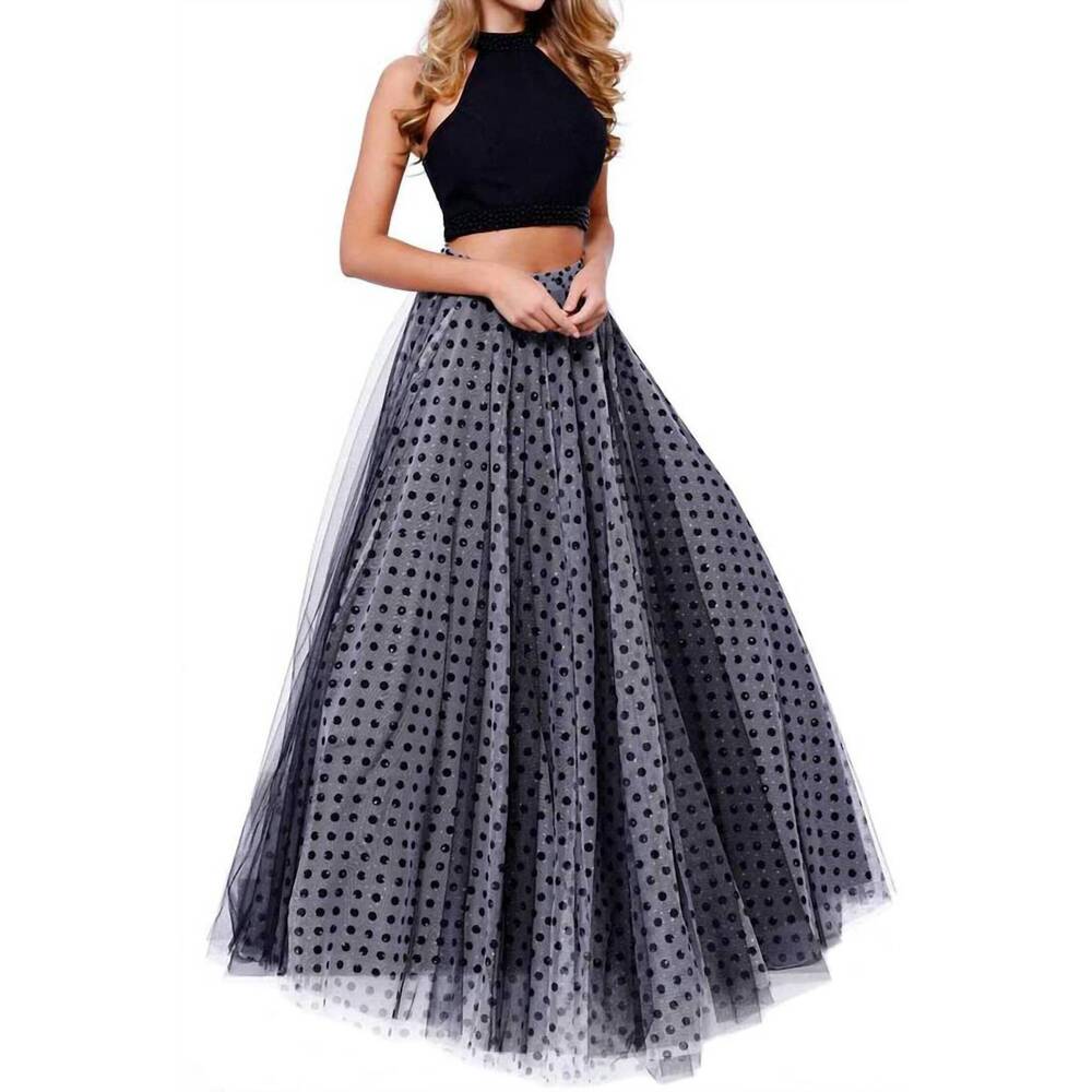NEW NOX ANABEL long 2 piece polka dot halter dress in black